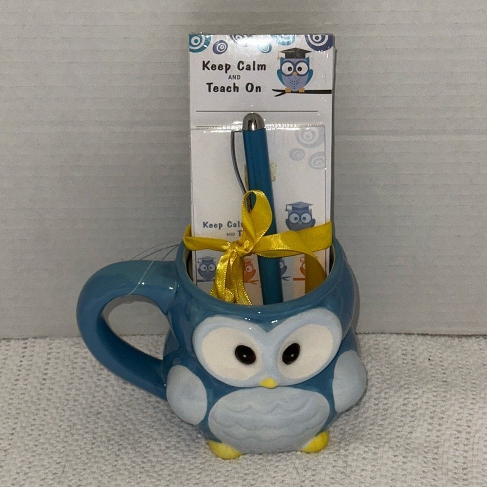 Keep Calm and Teach On Owl Coffee Mug Gift Set with Pen and Notepads Blue‎ New